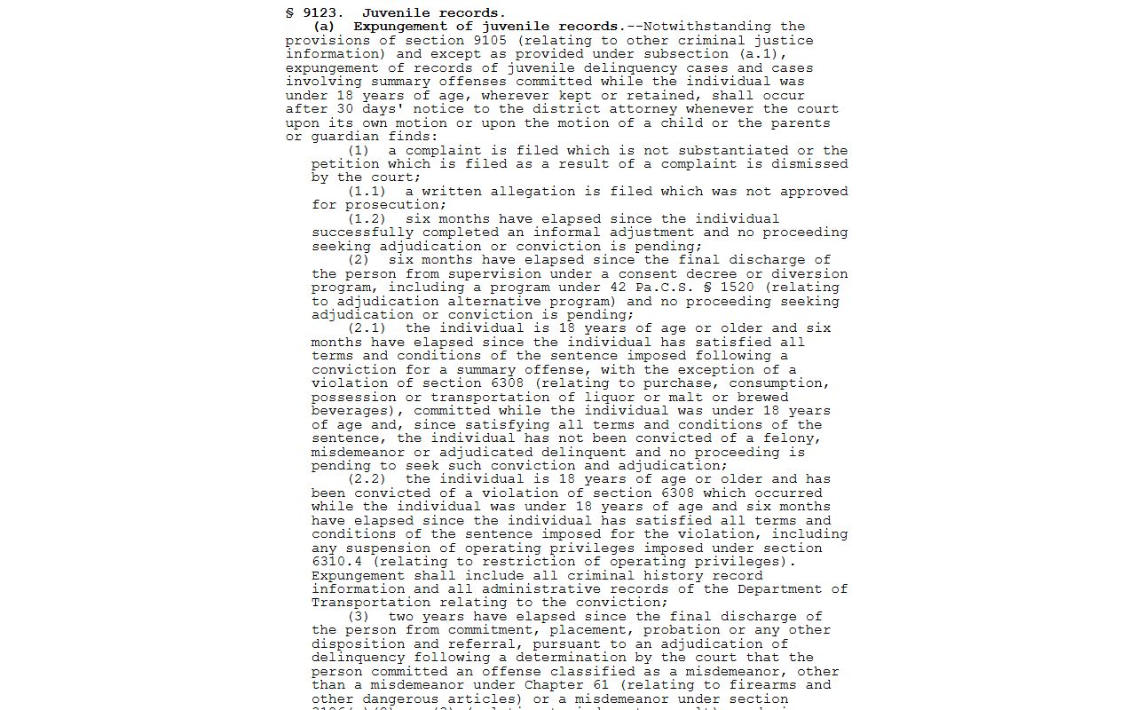 Perry County criminal court records Pennsylvania juvenile expungement statute