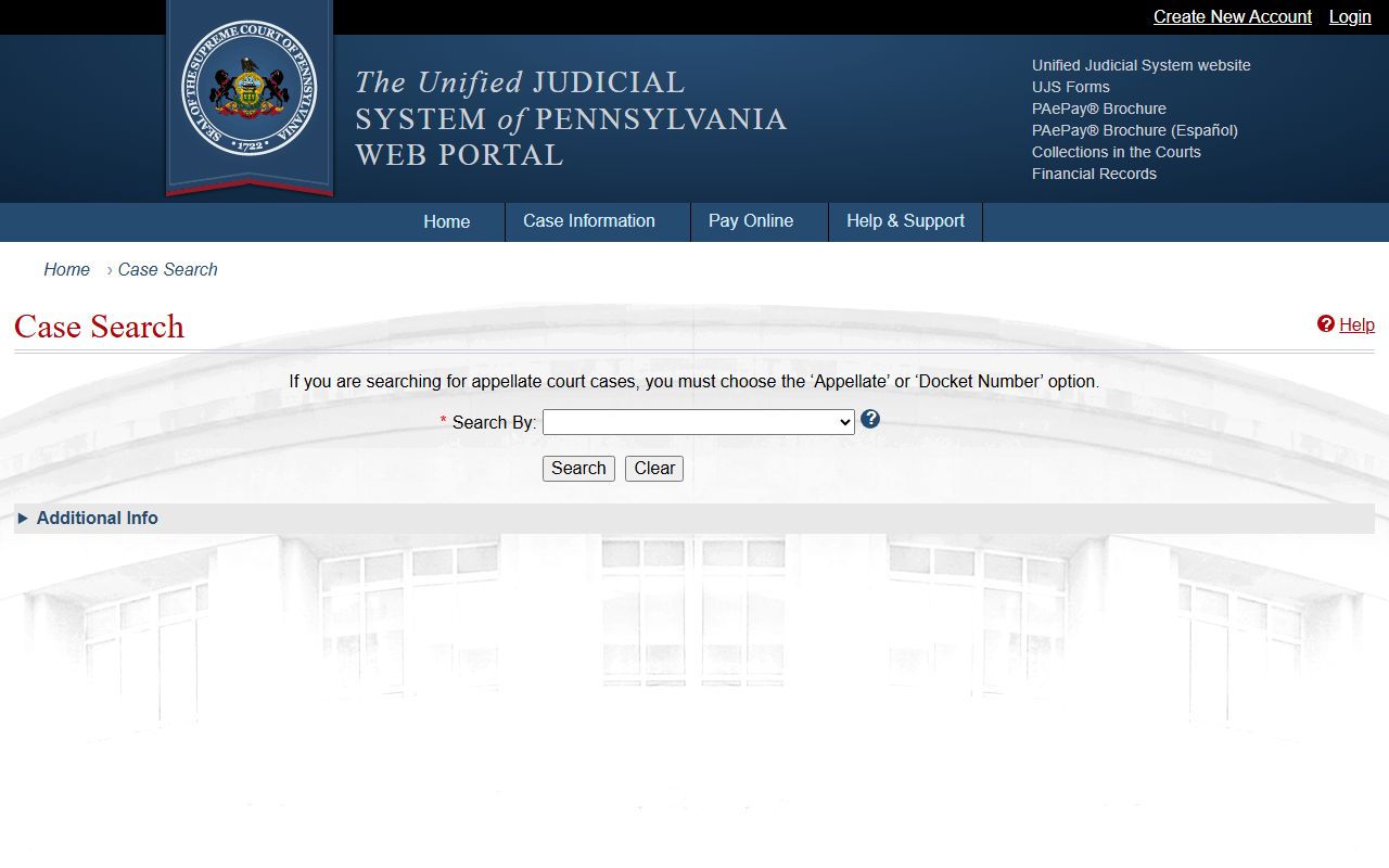 Perry County court records UJS case search screen