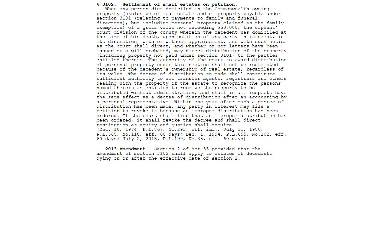 Perry County probate records Pennsylvania small estate statute